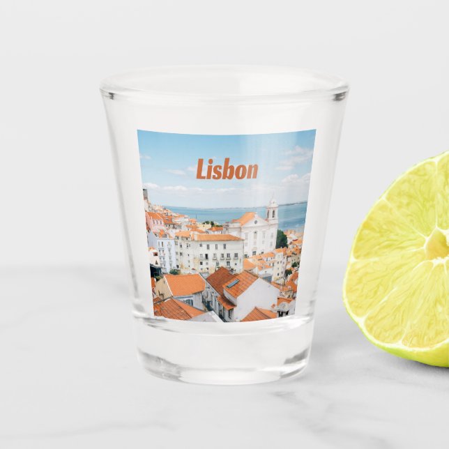 Lisbon Portugal Atlantic beaches Red Roofs Shot Glass (Front)