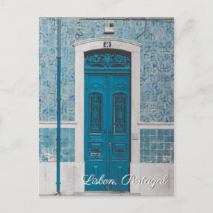 Lisbon Portugal blue door travel postcard