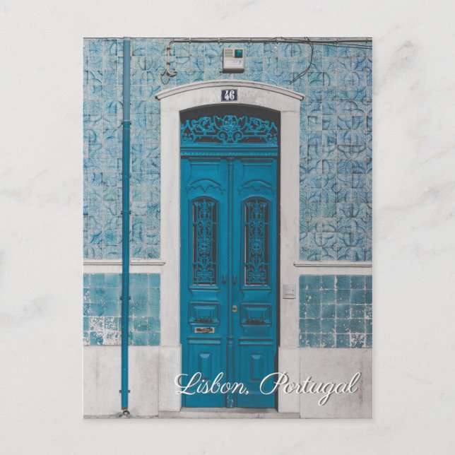 Lisbon Portugal blue door travel postcard (Front)
