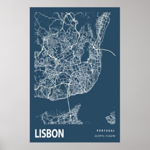 Lisbon Portugal City Map Line Art Blue Print