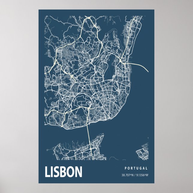 Lisbon Portugal City Map Line Art Blue Print (Front)