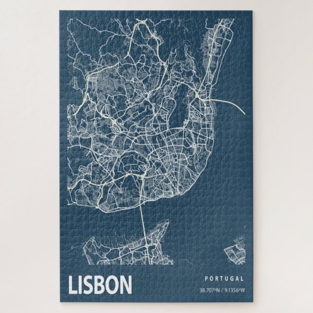 Lisbon Portugal City Map Line Art Blue Print Jigsaw Puzzle (Vertical)