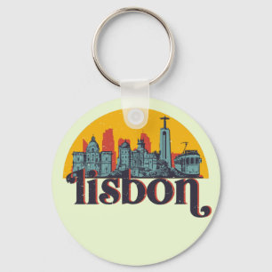 Lisbon Portugal City Skyline Retro Cityscape Art Key Ring