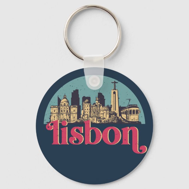 Lisbon Portugal City Skyline Vintage Cityscape Key Ring (Front)