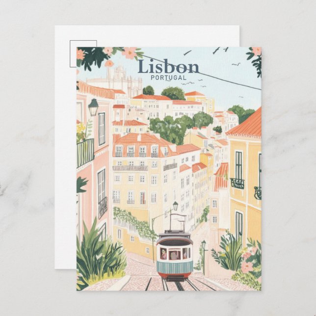 Lisbon Portugal Gouache Paint Illustration Travel Postcard (Front/Back)
