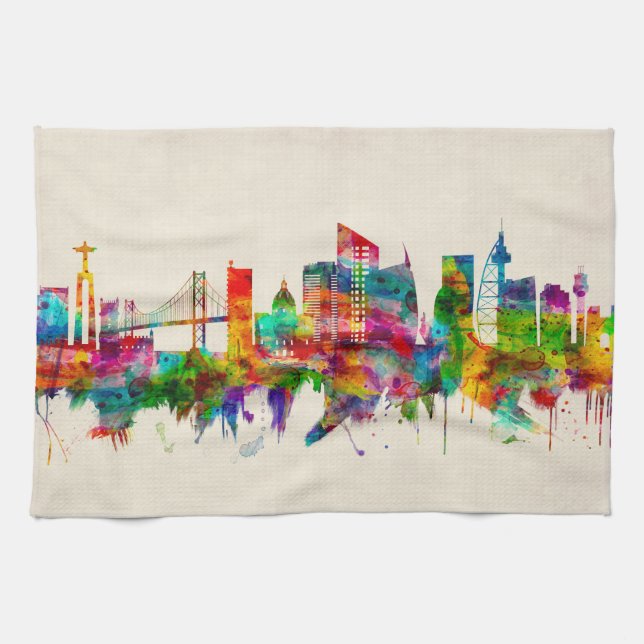 Lisbon Portugal Skyline Tea Towel (Horizontal)