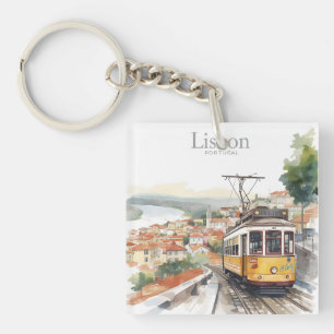 Lisbon Portugal skyline - Vintage tram Travel Art Key Ring