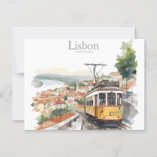 Lisbon Portugal skyline - Vintage tram Travel Art  Postcard