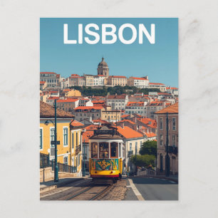 Lisbon Portugal skyline - Vintage tram Travel Art Postcard