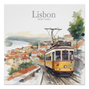 Lisbon Portugal skyline - Vintage tram Travel Art  Poster