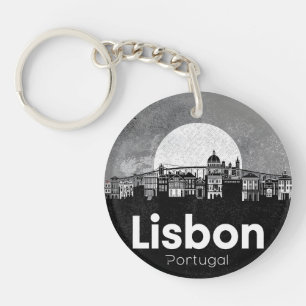 Lisbon Portugal skyline - Vintage Travel Art Key Ring