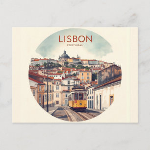 Lisbon Portugal skyline - Vintage Travel Art Postcard