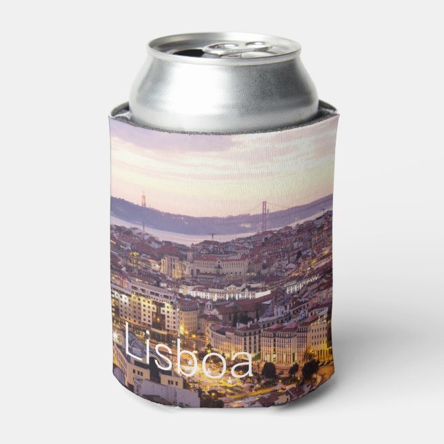 Lisbon Portugal Sunset Skyline Cityscape Souvenir Can Cooler (Can Front)