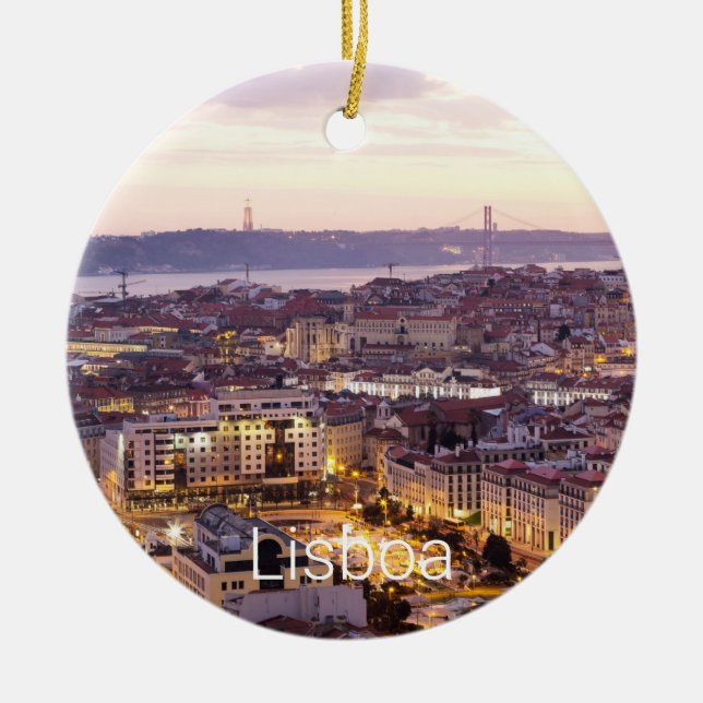 Lisbon Portugal Sunset Skyline Cityscape Souvenir Ceramic Ornament (Front)