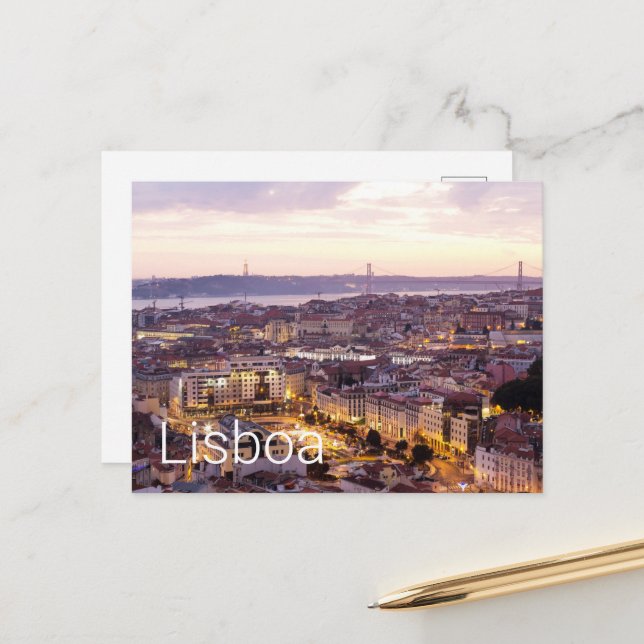 Lisbon Portugal Sunset Skyline Cityscape Souvenir Holiday Postcard (Front/Back In Situ)