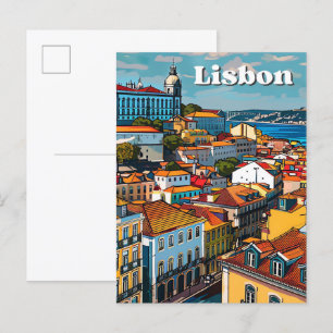 Lisbon Portugal Vintage Retro Travel Illustration Postcard