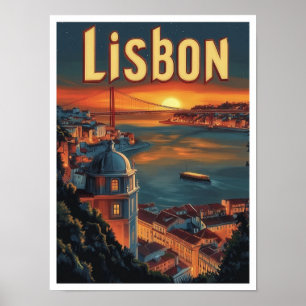 Lisbon Portugal Vintage Travel Illustration Poster
