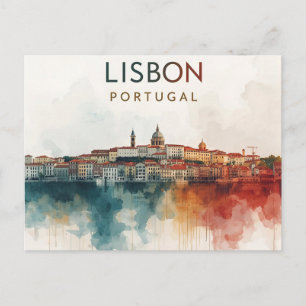 Lisbon Portugal watercolor skyline -Travel Art Postcard