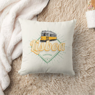 Lisbon Portugal with Retro Tram Vintage Holiday Lu Cushion