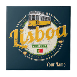 Lisbon Portugal with Retro Tram Vintage Souvenir L Ceramic Tile