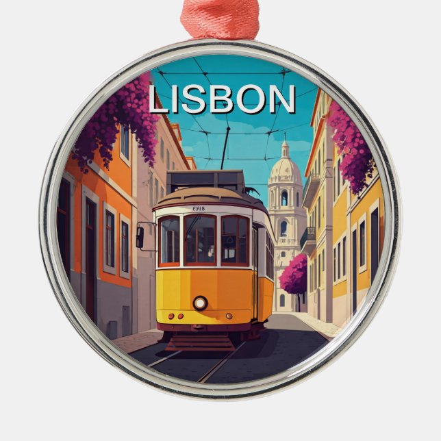 Lisbon Portugal Yellow Tram Romantic Anime Style Metal Ornament (Front)