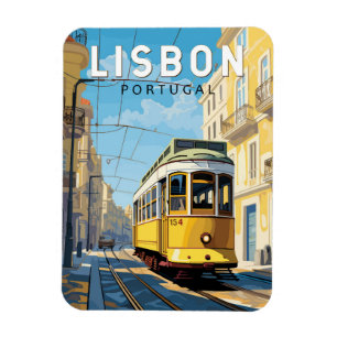 Lisbon Portugal Yellow Tram Travel Art Vintage Magnet