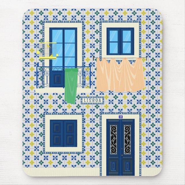 Lisbon Portuguese house with tiles and bird Mouse Pad (Front)