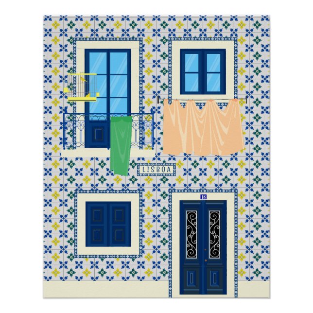 Lisbon Portuguese house with tiles and bird Poster (Front)