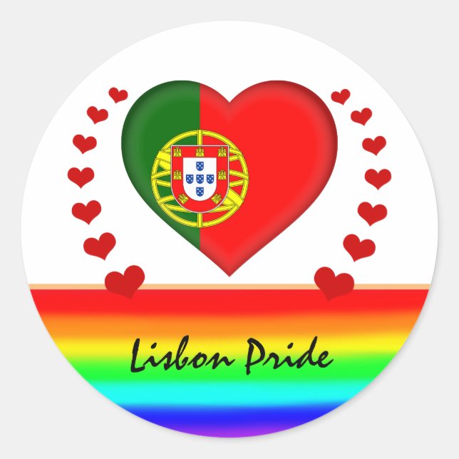 Lisbon Pride & Hearts & Rainbow Flag / Love Classic Round Sticker (Front)