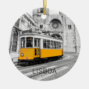 Lisbon Retro Tram Portugal Vintage Streetcar Ceramic Ornament