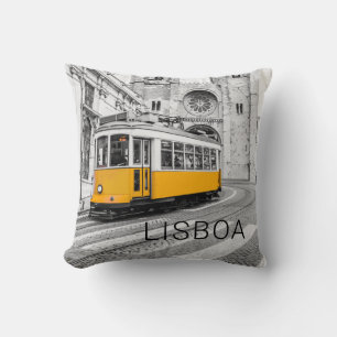 Lisbon Retro Tram Portugal Vintage Streetcar Cushion