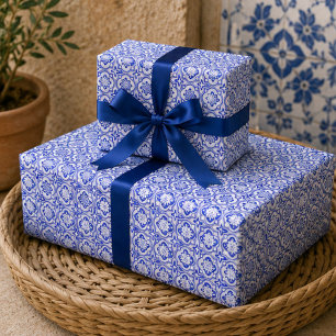 Lisbon Royale Classic Blue and White Geometric Wrapping Paper