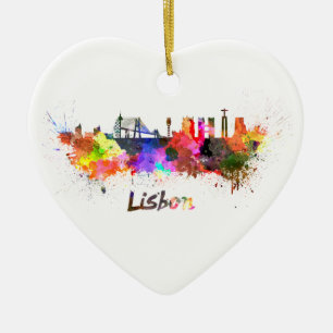Lisbon skyline in watercolor ceramic ornament