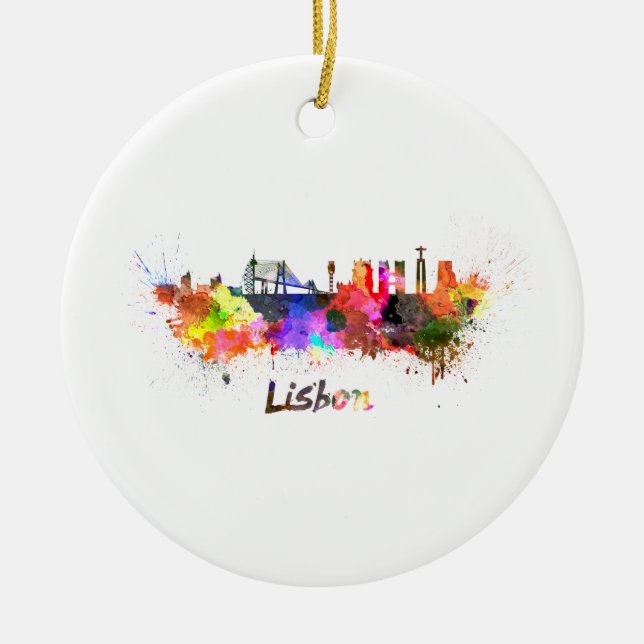 Lisbon skyline in watercolor ceramic ornament (Front)