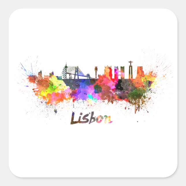 Lisbon skyline in watercolor square sticker (Front)