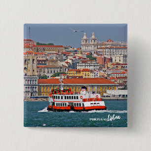 Lisbon skyline with old ferry on Tagus river 15 Cm Square Badge