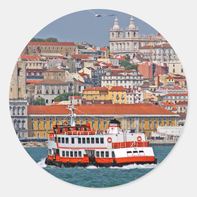 Lisbon skyline with old ferry on Tagus river Classic Round Sticker (Front)