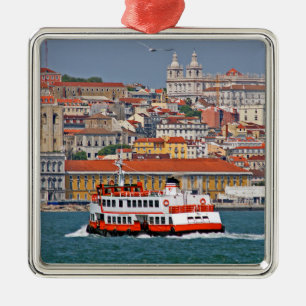 Lisbon skyline with old ferry on Tagus river Metal Ornament