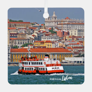Lisbon skyline with old ferry on Tagus river Metal Tree Decoration