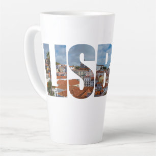 Lisbon text composed of old town panoramic view latte mug
