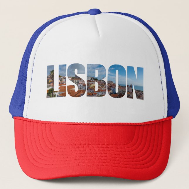 Lisbon text composed of old town panoramic view trucker hat (Front)