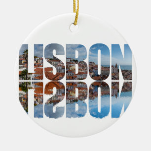 Lisbon text composed old town view with reflection ceramic ornament