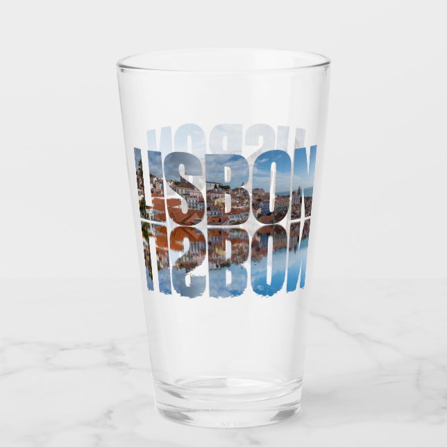 Lisbon text composed old town view with reflection glass (Front)