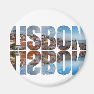 Lisbon text composed old town view with reflection magnet