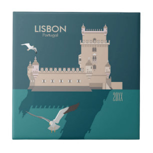 Lisbon Tower of Belem in vintage poster style Ceramic Tile