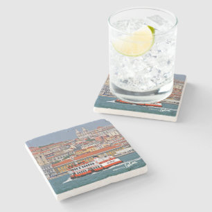 Lisbon view with old ferry on Tagus river Stone Coaster