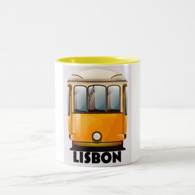 Lisbon yellow Tram travel poster Two-Tone Coffee Mug (Center)