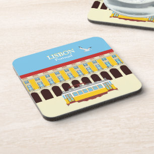 Lisbon yellow tram vintage style coaster
