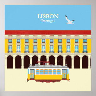 Lisbon yellow tram vintage style poster