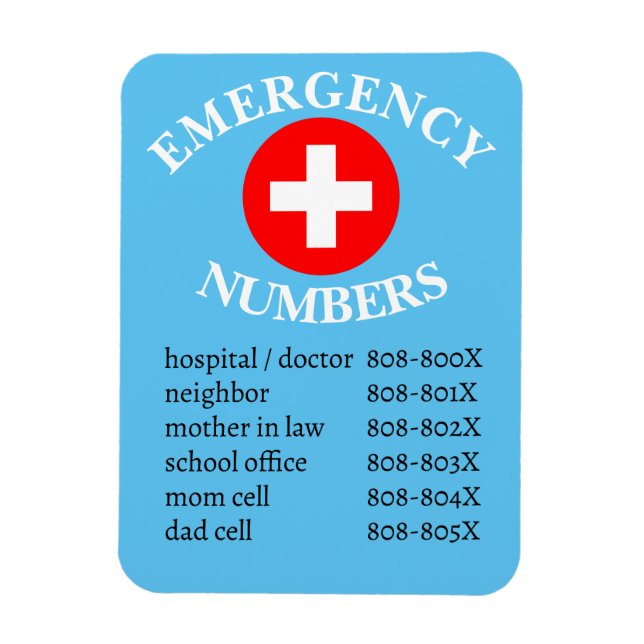 List of Emergency Phone Numbers on Blue Magnet (Vertical)